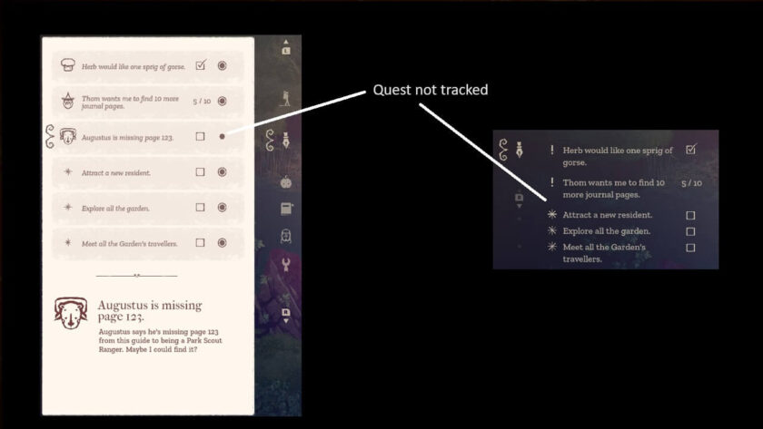 Photomontage of the quest list within the overview menu and that during the gameplay