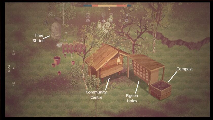In the garden at the community notice board, pigeon holes and compost tub. 