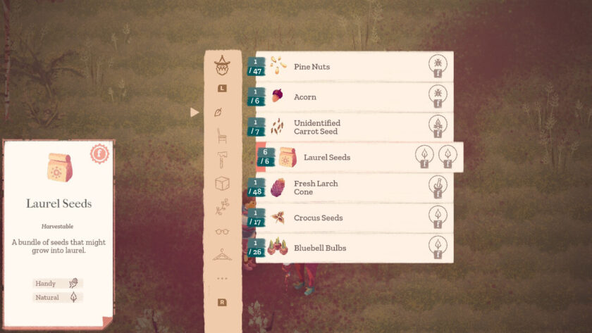 Thom's trading list, with various seeds, like pine nuts and acorns.