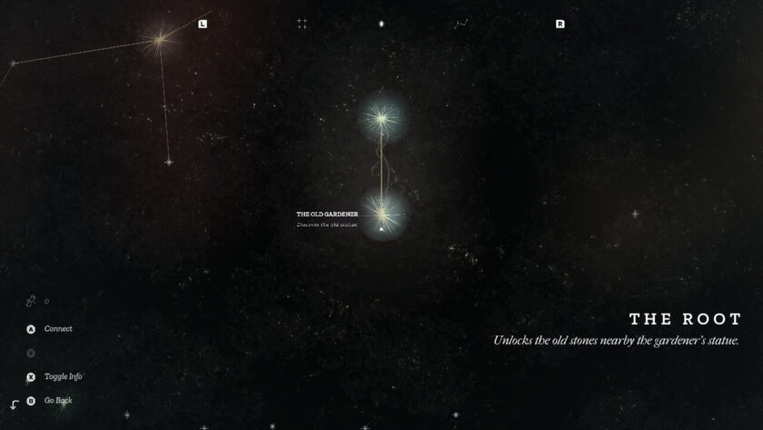 Two stars glowing brightly, with a line between them. Text to the right says “The Root: Unlocks the old stones nearby the gardener's statue”.
