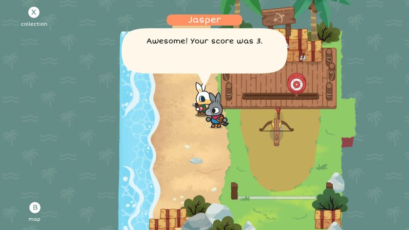 Using the bow and arrow to shoot the target. Jasper says: Awesome! Your score was 3.