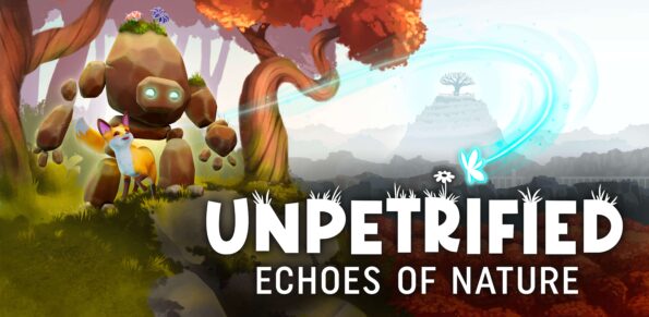 A friendly stone golem with glowing blue eyes and patches of grass and flowers growing on its body stands in a vibrant forest alongside a cheerful orange-and-white fox. Behind them, a swirling blue spirit-like trail moves toward a distant mountaintop crowned with a massive tree. Warm autumn colors dominate the scenery, blending nature and magic in a whimsical landscape. Published on: LadiesGamers.