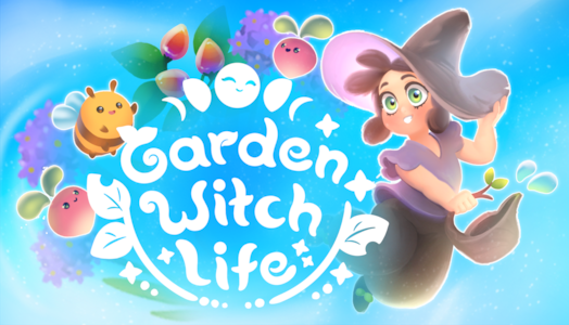 The image features the title screen for Garden Witch Life. A young witch with wide green eyes and brown hair is flying on a broomstick against a vibrant blue background. Surrounding her are colorful, whimsical elements such as smiling fruits, flowers, and a bee, all creating a cheerful and magical atmosphere. The game's title, "Garden Witch Life," is prominently displayed in playful white text with decorative leaves and a crescent moon. Published on: LadiesGamers.