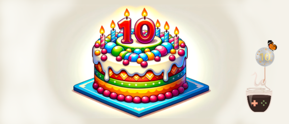 A celebratory image featuring a vibrantly decorated three-tiered cake with '10' on top, commemorating the 10 year anniversary of LadiesGamers. The cake is adorned with colorful candles and draped in icing, showcasing a variety of cheerful colors and a blue square base. Off to the right, a small floating icon features a '10' inside a speech balloon, tied to a game controller-shaped cup of hot beverage, suggesting a toast to the anniversary. Published on: LadiesGamers.