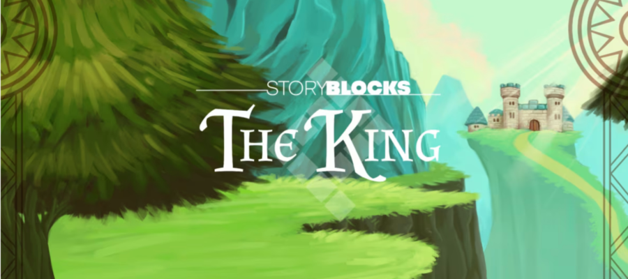 Promotional artwork for the game "The King" featuring a vibrant, stylized illustration of a fantastical landscape. A grand castle with multiple towers sits atop a lofty cliff on the right, overlooking a lush green meadow. A large, round, leafy tree anchors the composition on the left, and intricate circular symbols float in the sky, hinting at magical elements within the game's world. "STORYBLOCKS" is overlaid at the top of the image, suggesting a storytelling aspect to the game. Published on: LadiesGamers.