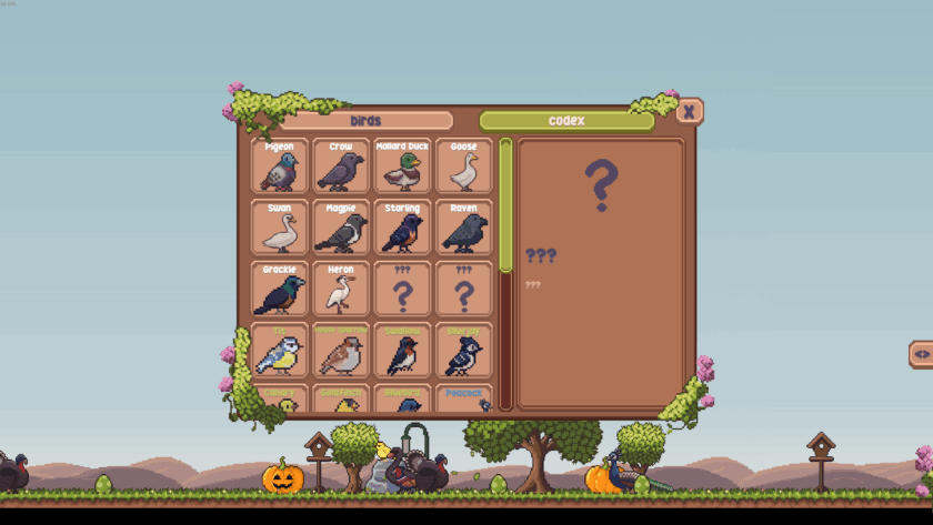 Pixel-art bird encyclopedia interface showing a grid of bird icons, some labeled (e.g., Pigeon, Swan, Blue Jay) and others marked with question marks to indicate undiscovered species. A Codex panel on the right displays a large question mark and placeholder text, suggesting missing bird data.