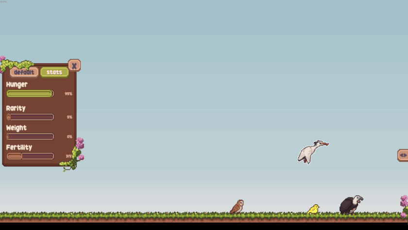 Pixel-art game interface showing bird stats on the left panel—Hunger 95%, Rarity 5%, Weight 0%, Fertility 31%—with tabs labeled "default" and "stats." The main scene features five birds on grassy terrain under a blue sky: a brown owl, a flying white bird, a yellow chick, a large black bird with a white head, and a partially visible bird on the far right. Decorative flowers and vines frame the stats panel.