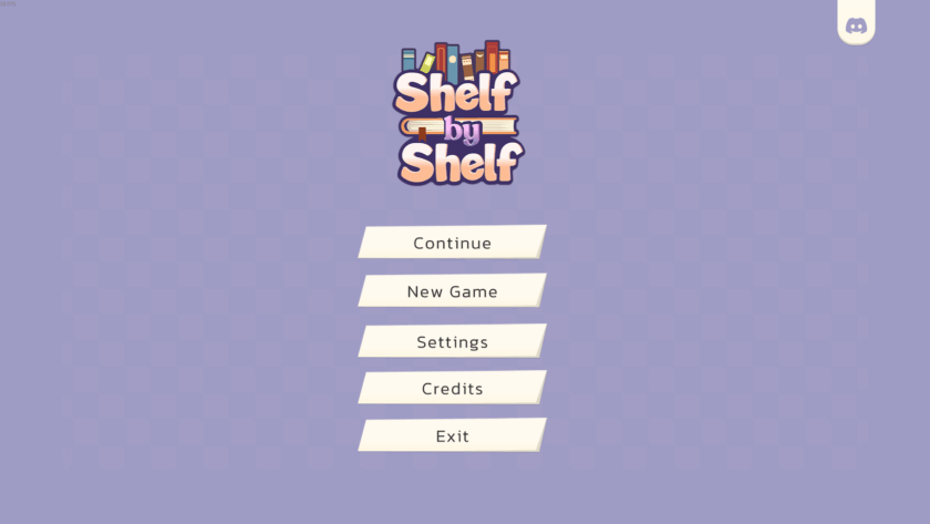 Main menu screen of the video game "Shelf by Shelf" featuring a soft purple checkered background. The game title is centered at the top with a stylized bookshelf graphic above it. Below are five white rectangular buttons labeled "Continue," "New Game," "Settings," "Credits," and "Exit."