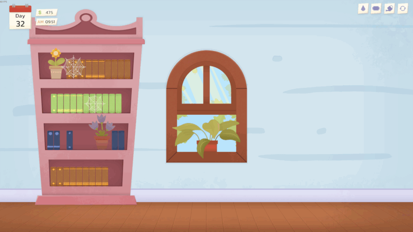 Interior of a room with a pink bookshelf on the left and a red-framed window on the right. The bookshelf contains colored books, two potted plants, and cobwebs. The top shelf has brown books and a yellow flower; the middle shelf has green books and a cobweb; the bottom shelves hold blue and yellow books with a purple plant. The window features a potted plant with large green leaves. A calendar in the top left corner displays “Day 32,” $475, and “AM 09:51.” Four icons are visible in the top right corner, representing game controls.