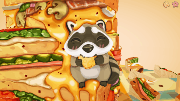 Cute racoon on the umami puzzle, he is eating a tiny piece of cheese